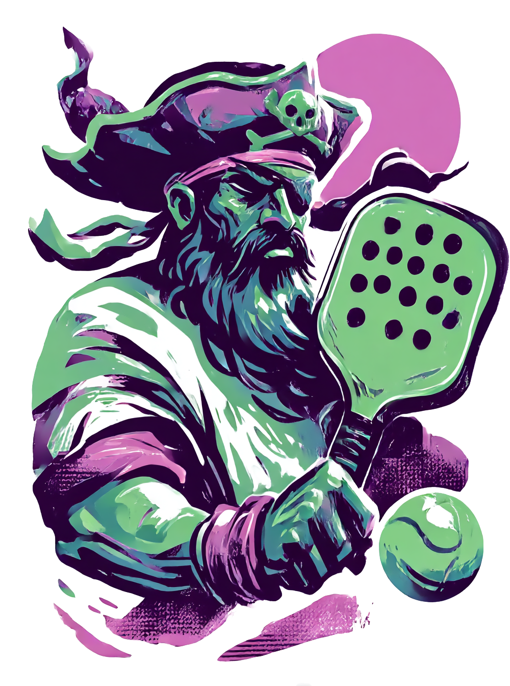 Roger the Pirate, the Pickleball Cove mascot, holding a paddle and ball
